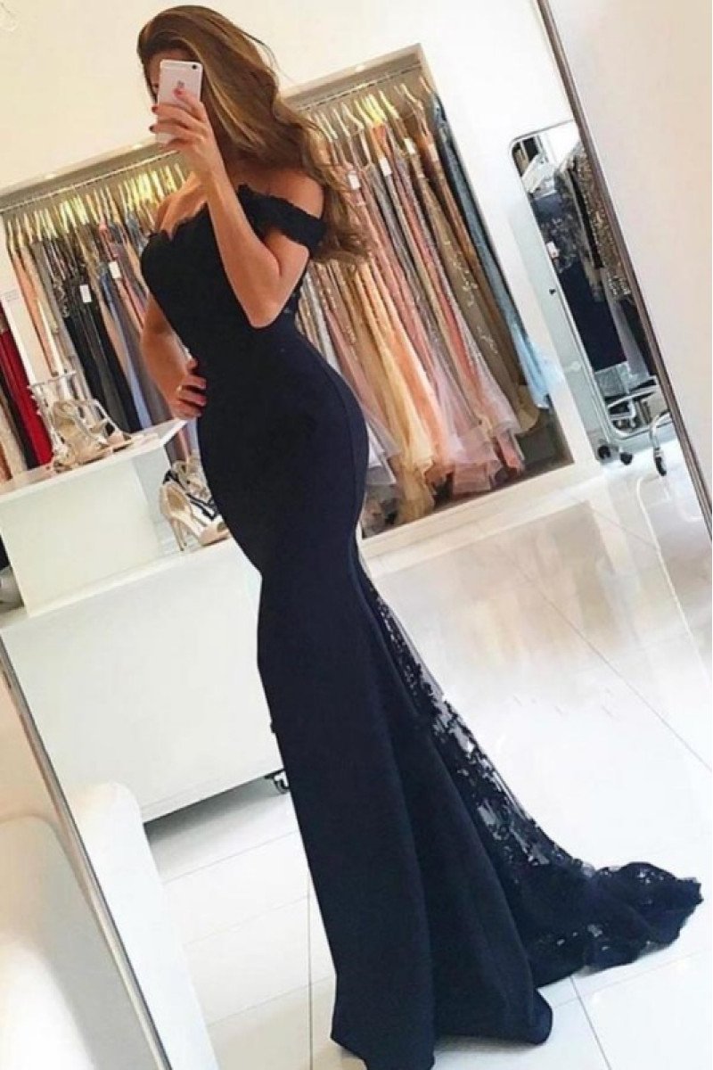 Fashion Black Off Shoulder Sheath Evening Dresses With Appliques