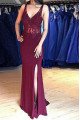 Sexy Burgundy V-neck Side Slit Sheath Evening Dresses With Appliques