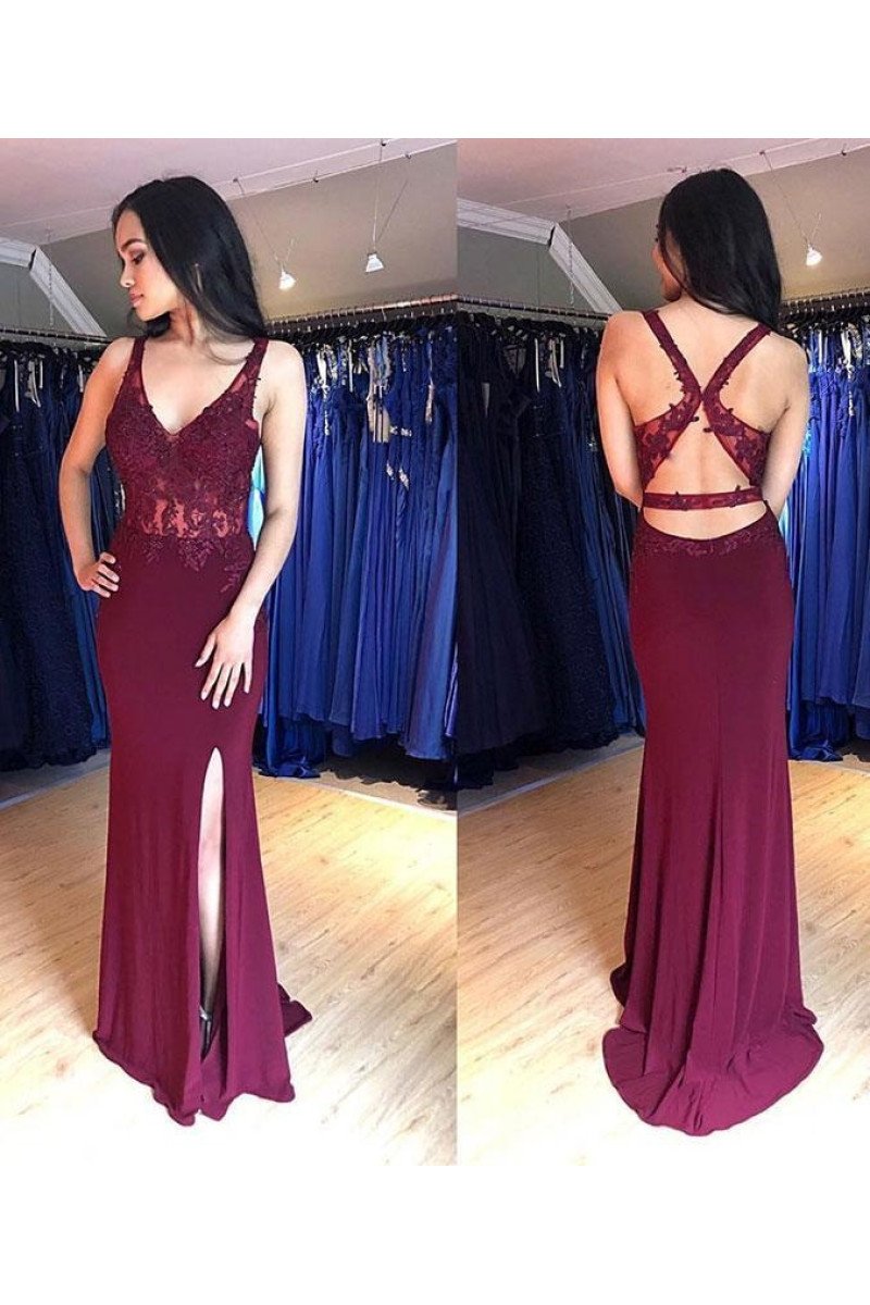 Sexy Burgundy V-neck Side Slit Sheath Evening Dresses With Appliques