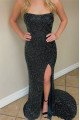 Sparkle Black Spaghetti Straps Backless Sequins Sheath Evening Dresses