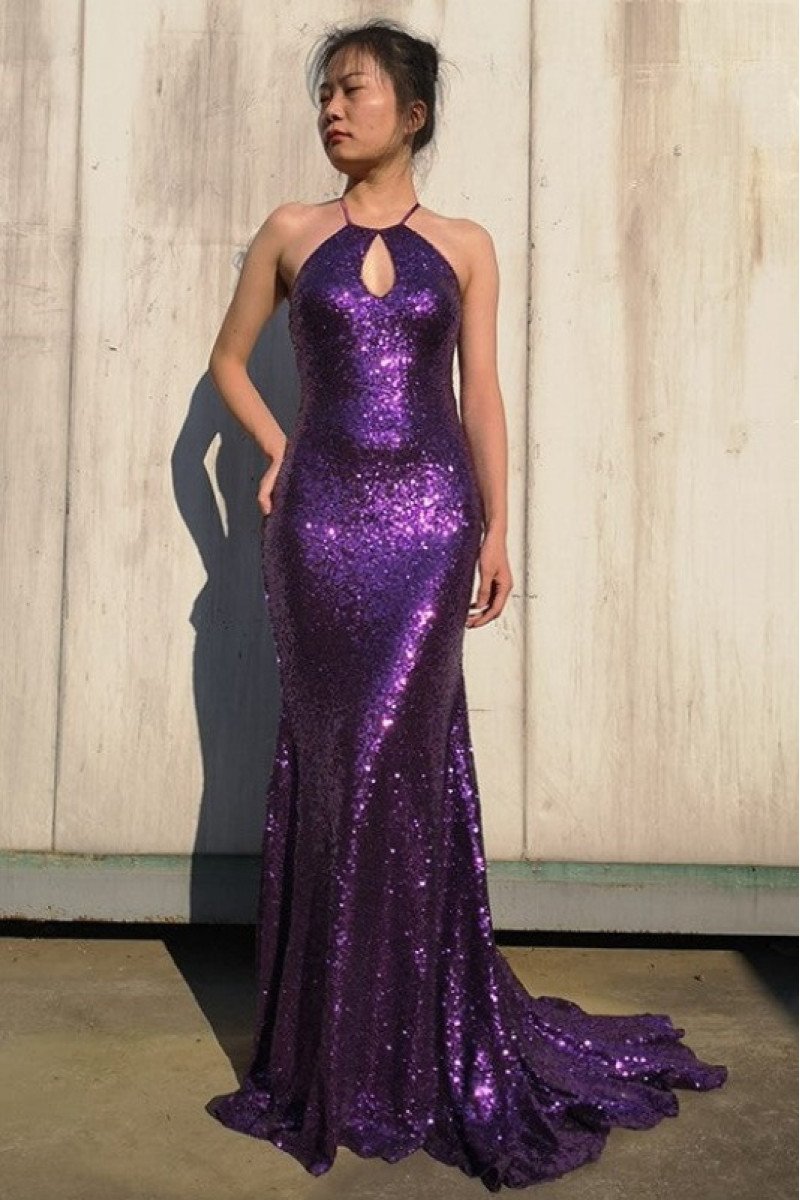 Gorgeous Purple Halter Backless Sequins Sheath Evening Dresses