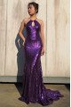 Gorgeous Purple Halter Backless Sequins Sheath Evening Dresses