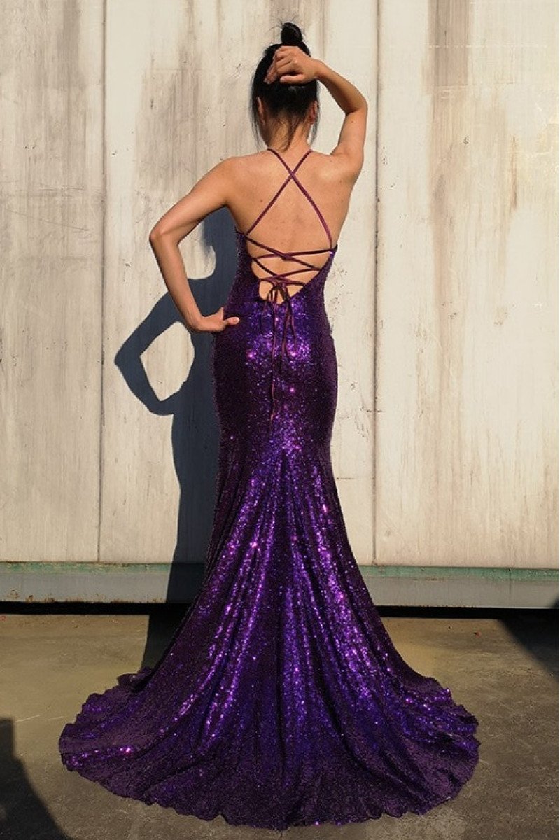 Gorgeous Purple Halter Backless Sequins Sheath Evening Dresses