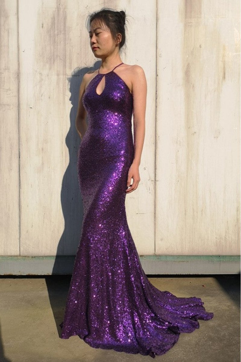 Gorgeous Purple Halter Backless Sequins Sheath Evening Dresses