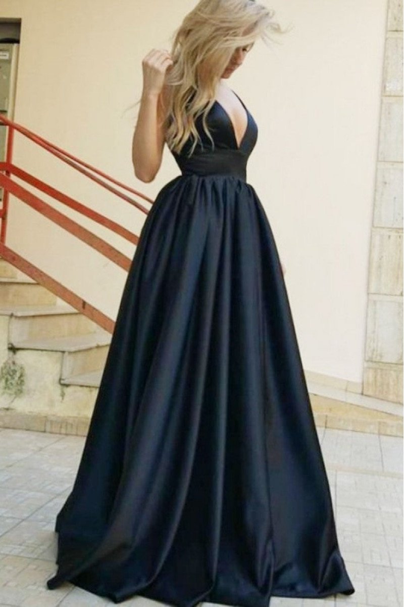 Simple Dark Navy V-neck Open Back A-line Evening Dresses