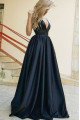 Simple Dark Navy V-neck Open Back A-line Evening Dresses