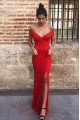 Simple Red Off Shoulder Side Slit Sheath Evening Dresses