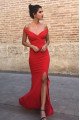 Simple Red Off Shoulder Side Slit Sheath Evening Dresses