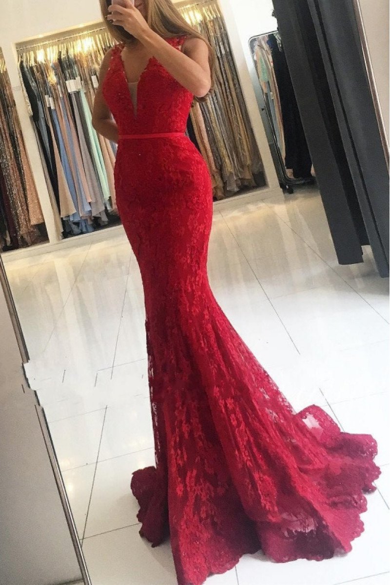 Sexy Red Lace V-neck Sleeveless Mermaid Evening Dresses