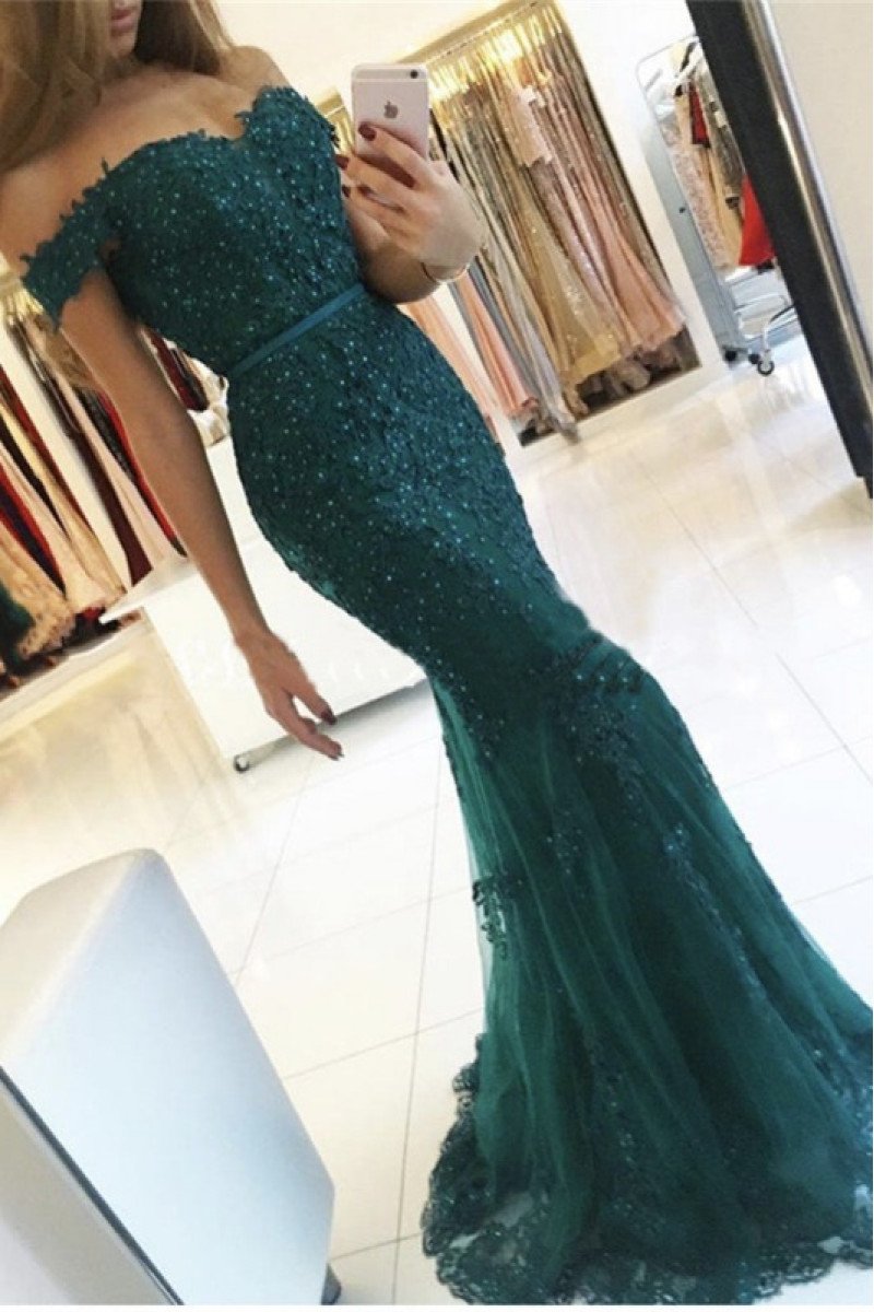 Modern Turquoise Off Shoulder Tulle Sheath Evening Dresses With Appliques