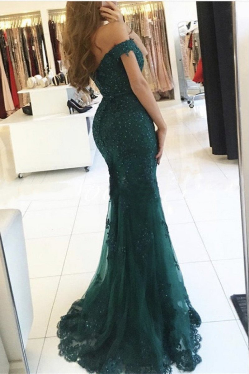 Modern Turquoise Off Shoulder Tulle Sheath Evening Dresses With Appliques