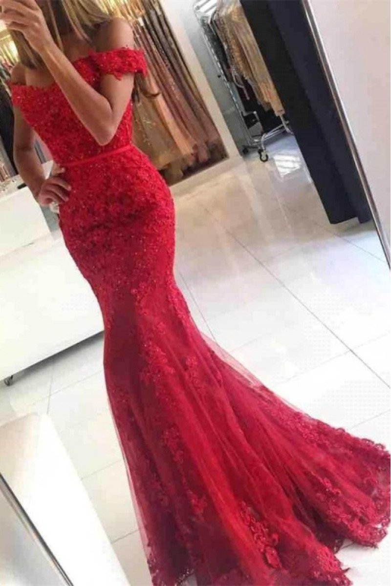 Fashion Red Off Shoulder Sheath Evening Dresses With Appliques