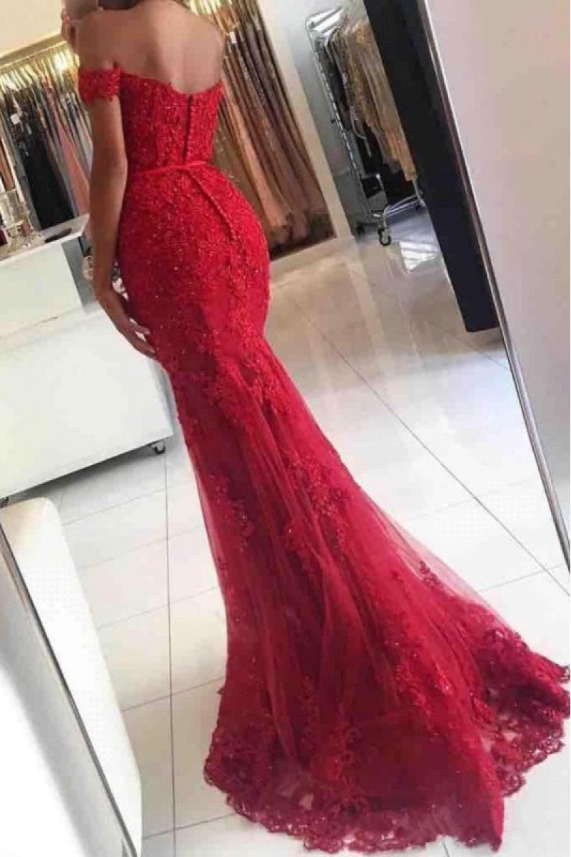 Fashion Red Off Shoulder Sheath Evening Dresses With Appliques