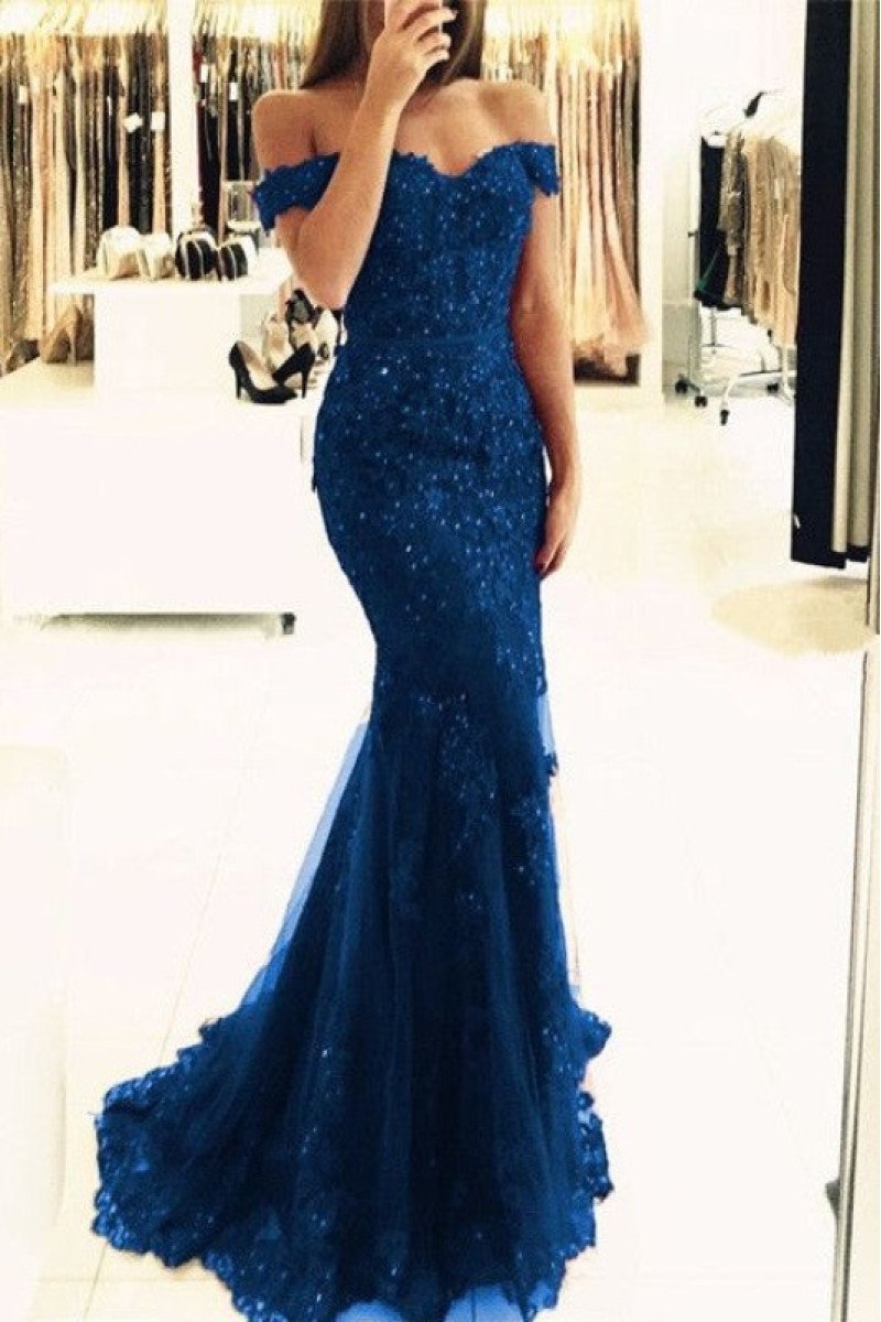 Modern Dark Blue Off Shoulder Sequins Sheath Evening Dresses