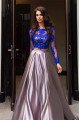 Special Silver Backless Two Pieces Evening Dresses With Blue Lace Top