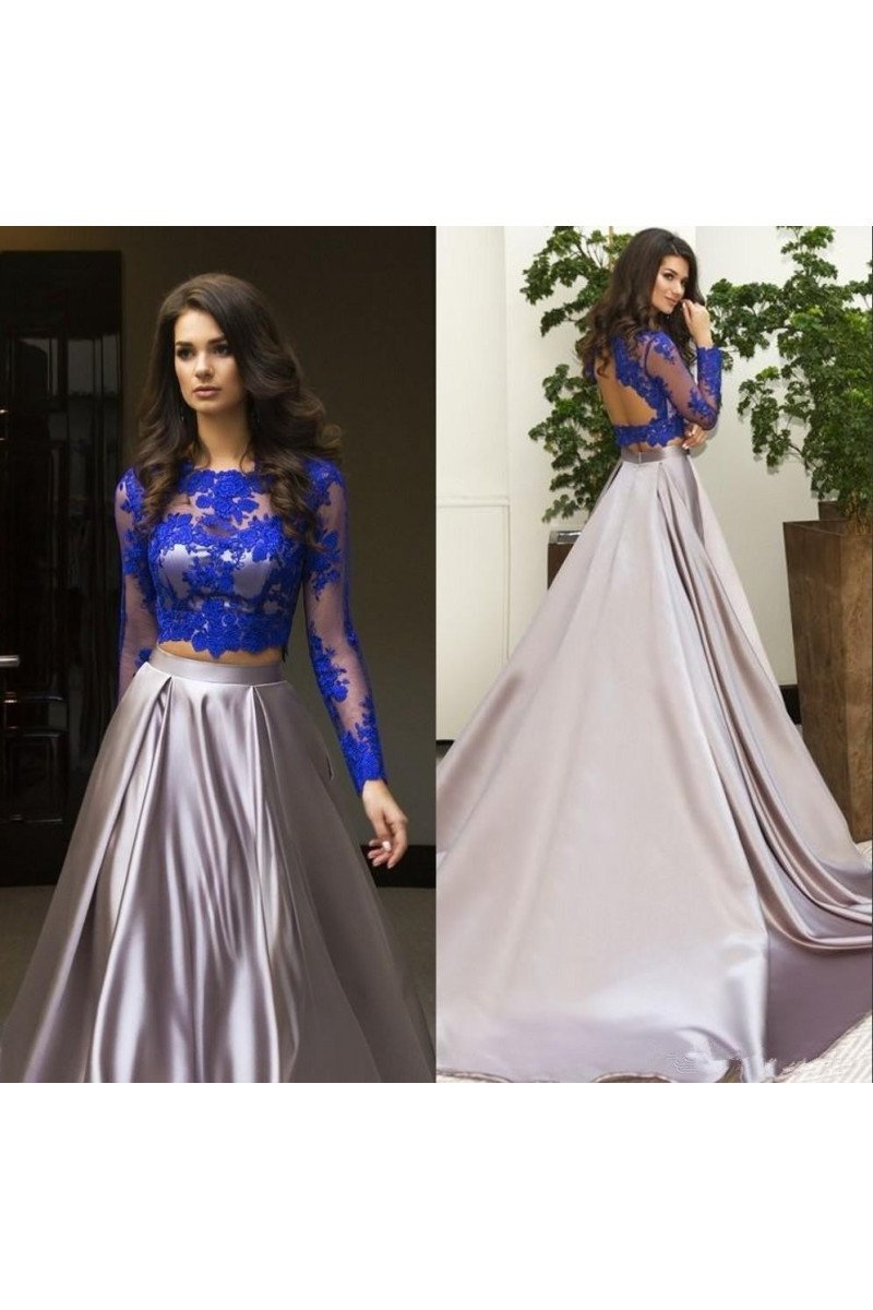 Special Silver Backless Two Pieces Evening Dresses With Blue Lace Top