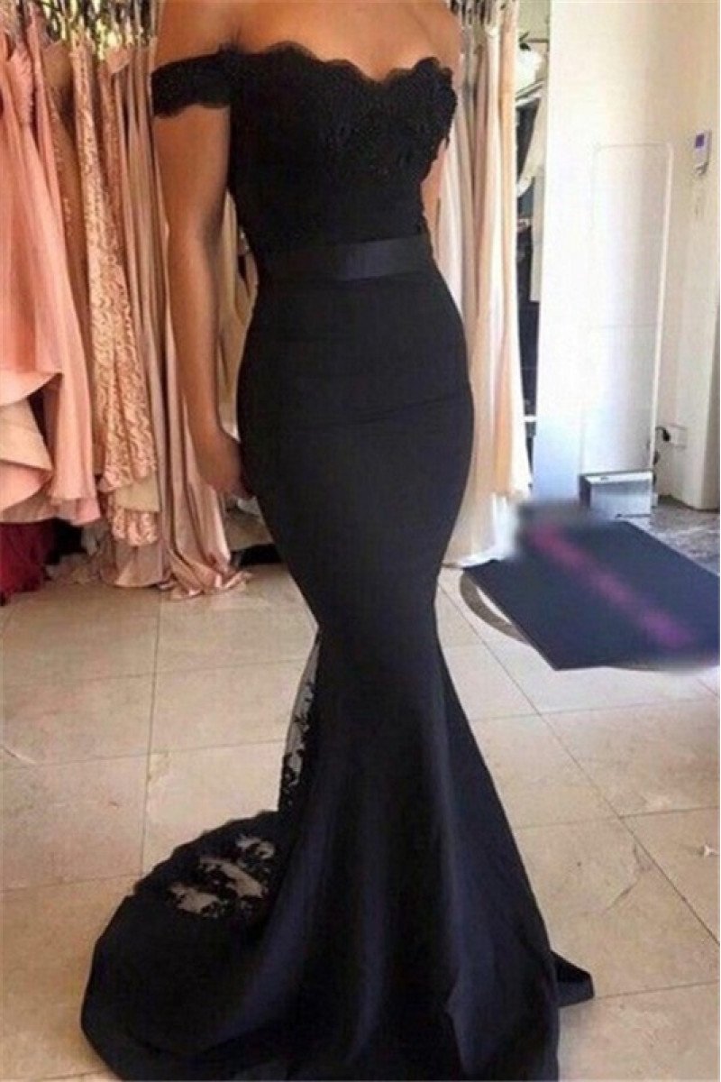 Special Dark Navy Off Shoulder Mermaid Evening Dresses With Appliques