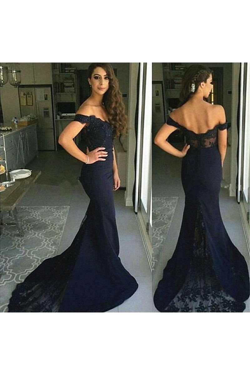 Special Dark Navy Off Shoulder Mermaid Evening Dresses With Appliques