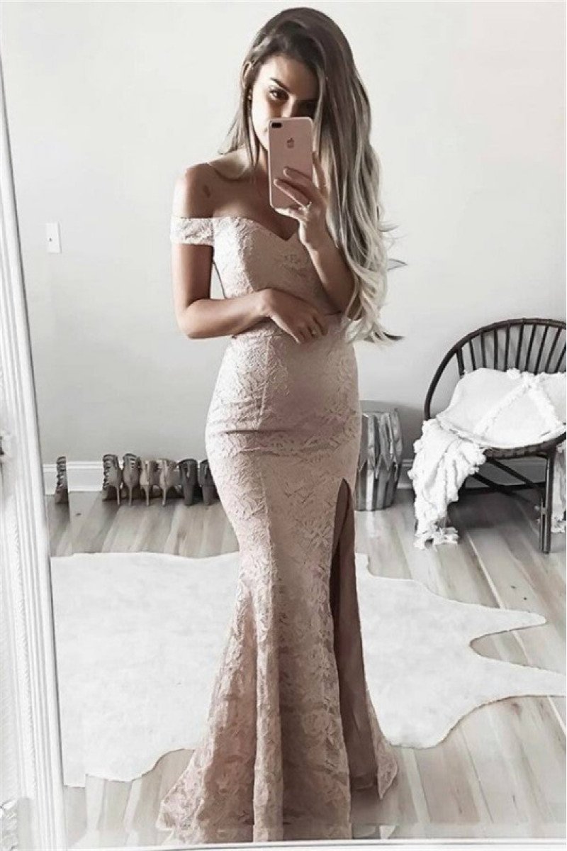 Charming Nude Pink Off Shoulder Side Slit Sheath Evening Dresses