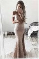 Charming Nude Pink Off Shoulder Side Slit Sheath Evening Dresses