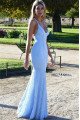 Simple Blue Spaghetti Straps Lace Sheath Evening Dresses