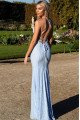 Simple Blue Spaghetti Straps Lace Sheath Evening Dresses