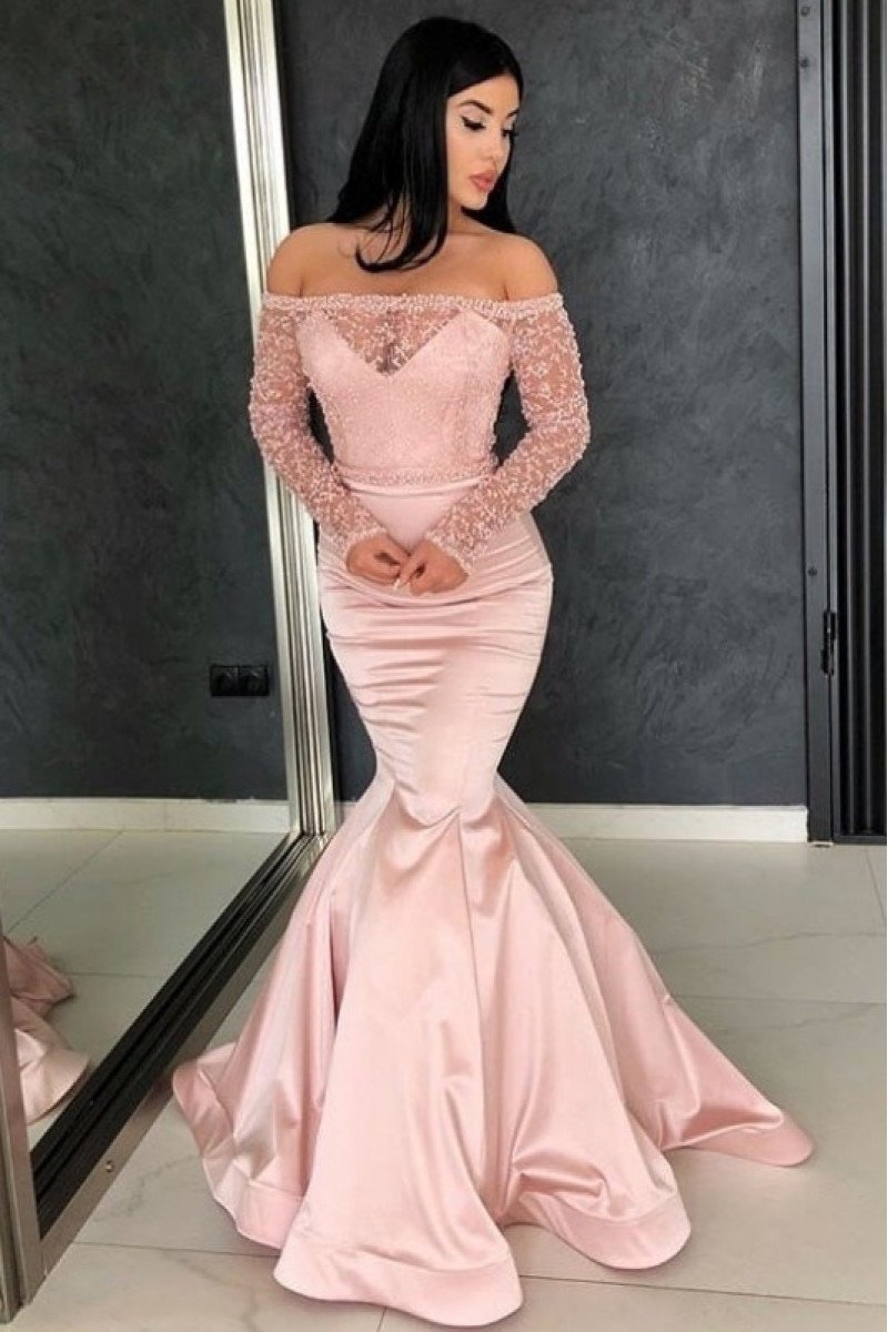 Special Pink Off Shoulder Long Sleeves Mermaid Evening Dresses With Appliques