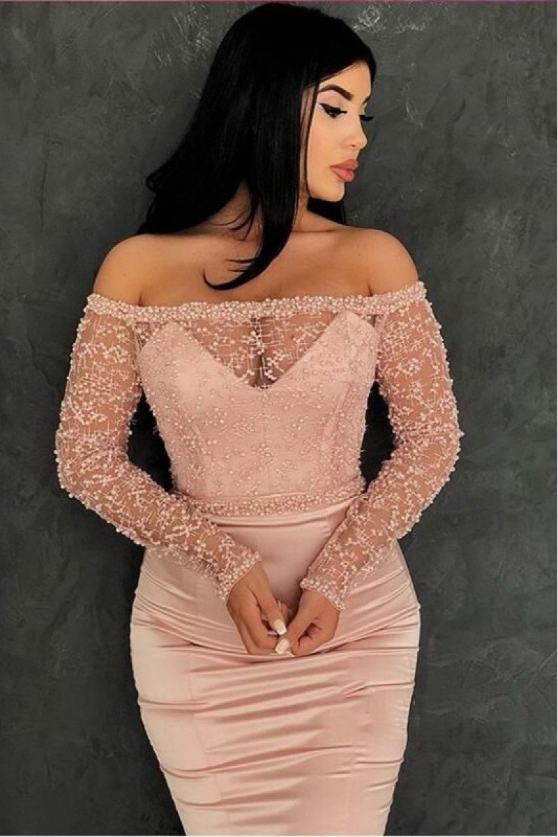 Special Pink Off Shoulder Long Sleeves Mermaid Evening Dresses With Appliques