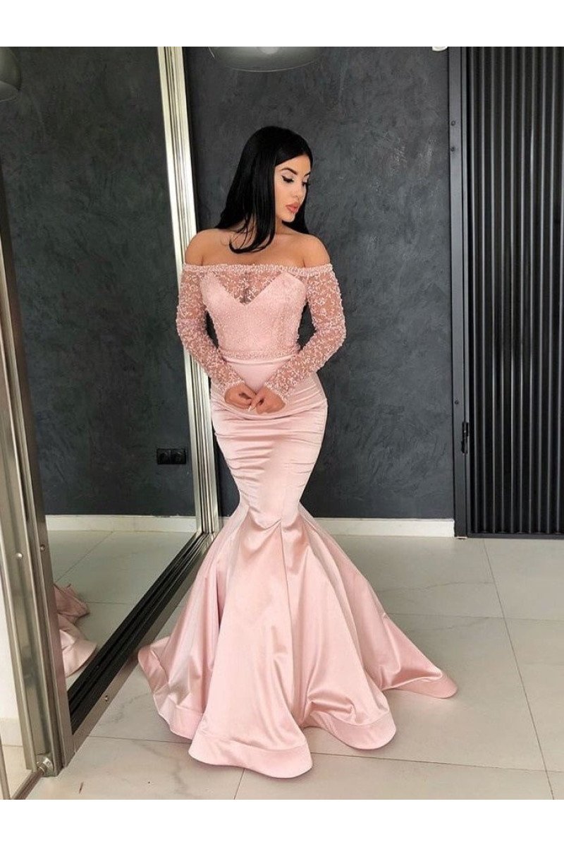 Special Pink Off Shoulder Long Sleeves Mermaid Evening Dresses With Appliques