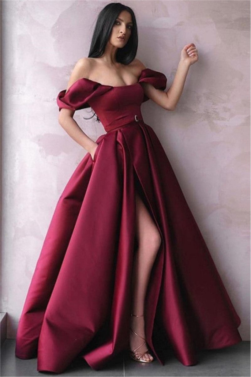 Elegant Burgundy Off Shoulder Side Slit Ball Gown Evening Dresses