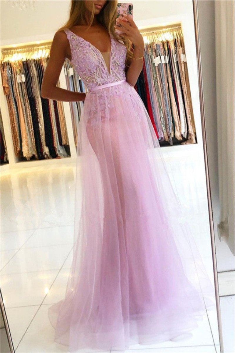 Charming Pink V-neck A-line Evening Dresses With Appliques