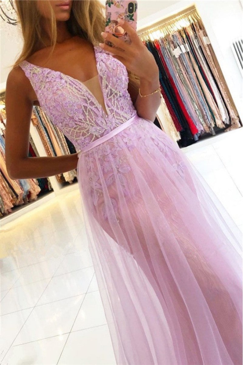 Charming Pink V-neck A-line Evening Dresses With Appliques