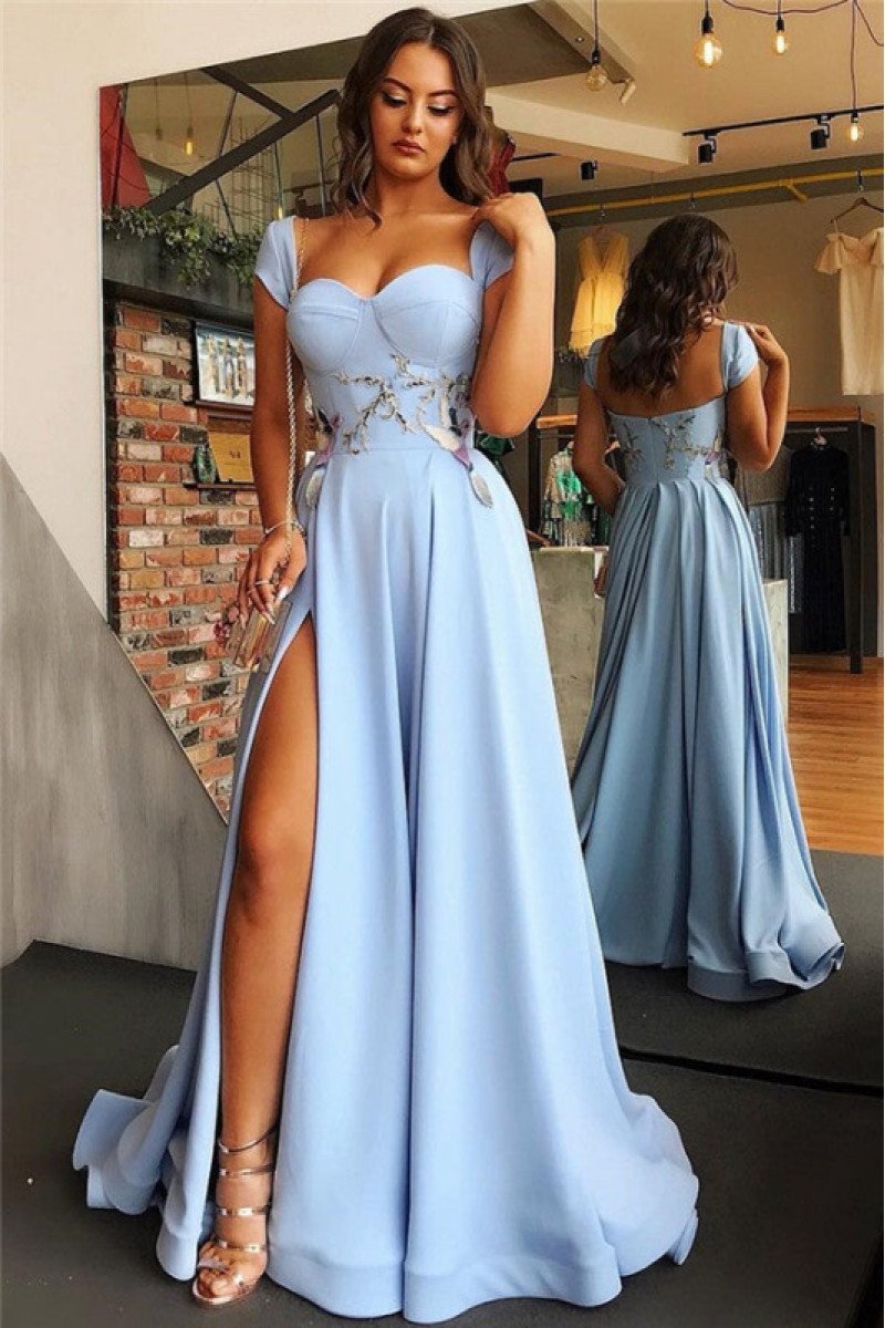 Fashion Sky Blue Off Shoulder Side Slit A-line Evening Dresses With Appliques