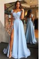 Fashion Sky Blue Off Shoulder Side Slit A-line Evening Dresses With Appliques