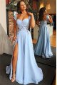 Fashion Sky Blue Off Shoulder Side Slit A-line Evening Dresses With Appliques