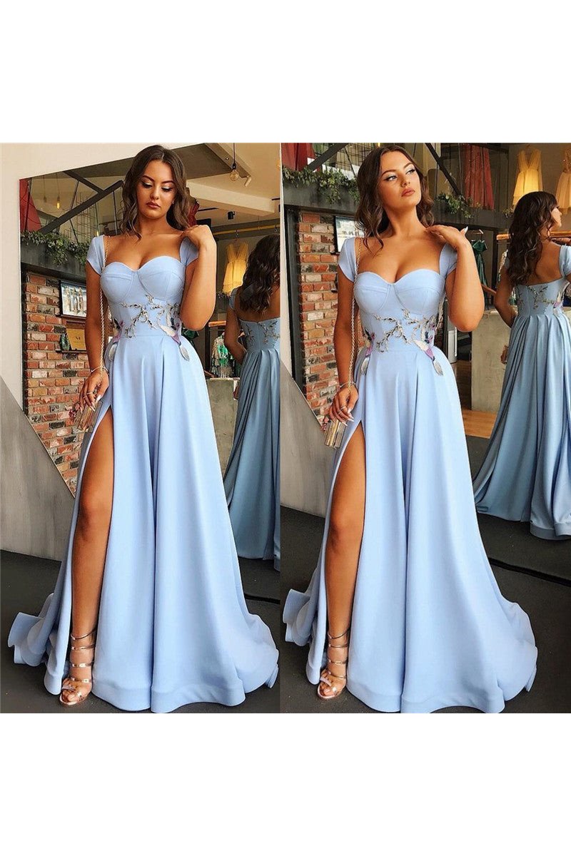 Fashion Sky Blue Off Shoulder Side Slit A-line Evening Dresses With Appliques