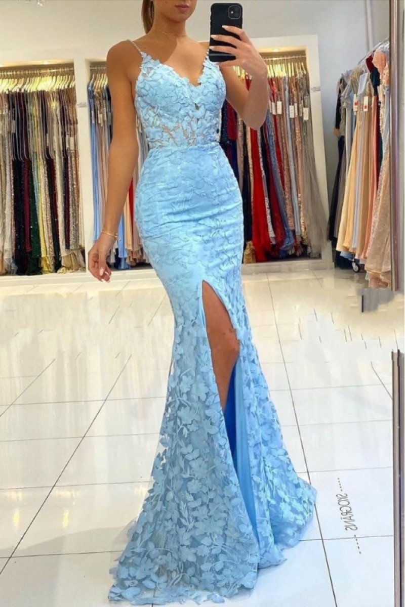 Sexy Sky Blue Spaghetti Side Slit Lace Mermaid Evening Dresses