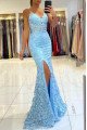 Sexy Sky Blue Spaghetti Side Slit Lace Mermaid Evening Dresses