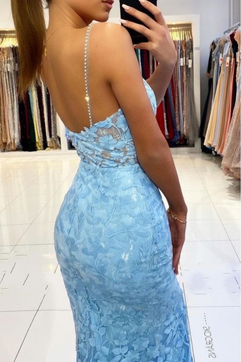 Sexy Sky Blue Spaghetti Side Slit Lace Mermaid Evening Dresses