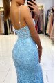 Sexy Sky Blue Spaghetti Side Slit Lace Mermaid Evening Dresses