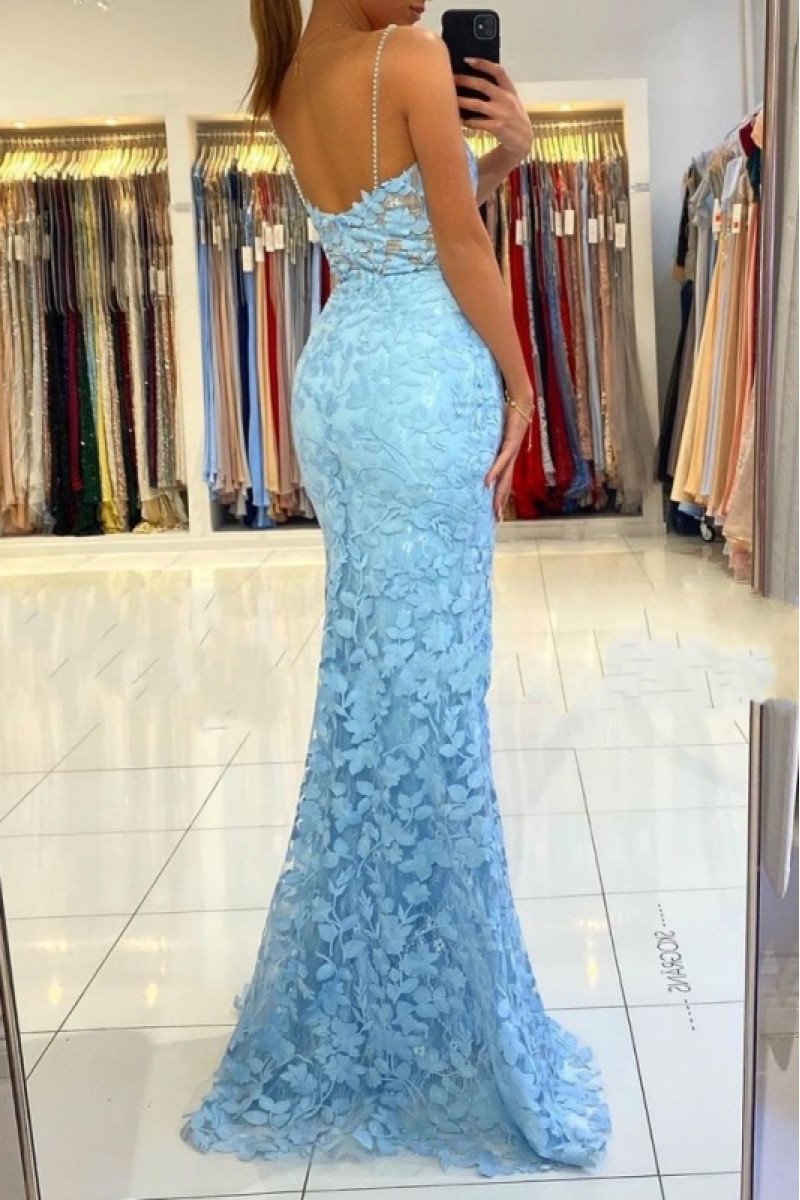 Sexy Sky Blue Spaghetti Side Slit Lace Mermaid Evening Dresses