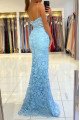 Sexy Sky Blue Spaghetti Side Slit Lace Mermaid Evening Dresses