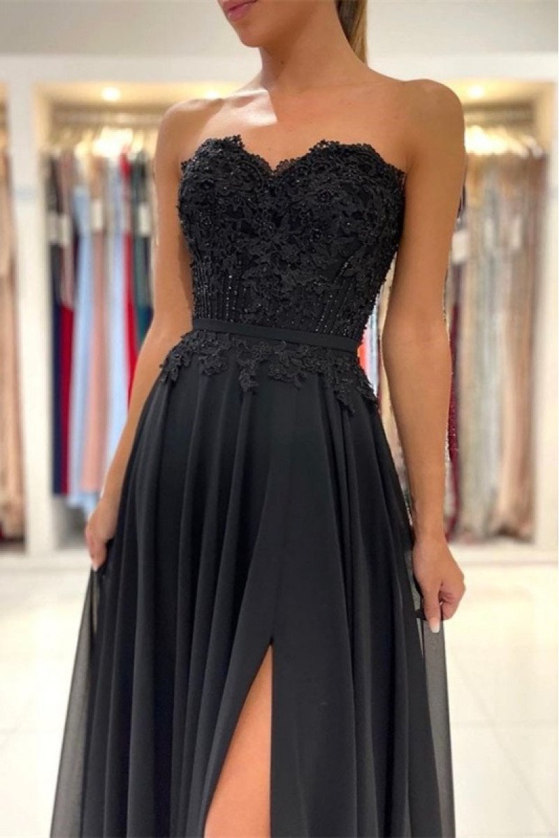 Fashion Black One Shoulder Side Slit Sheath Evening Dresses With Appliques