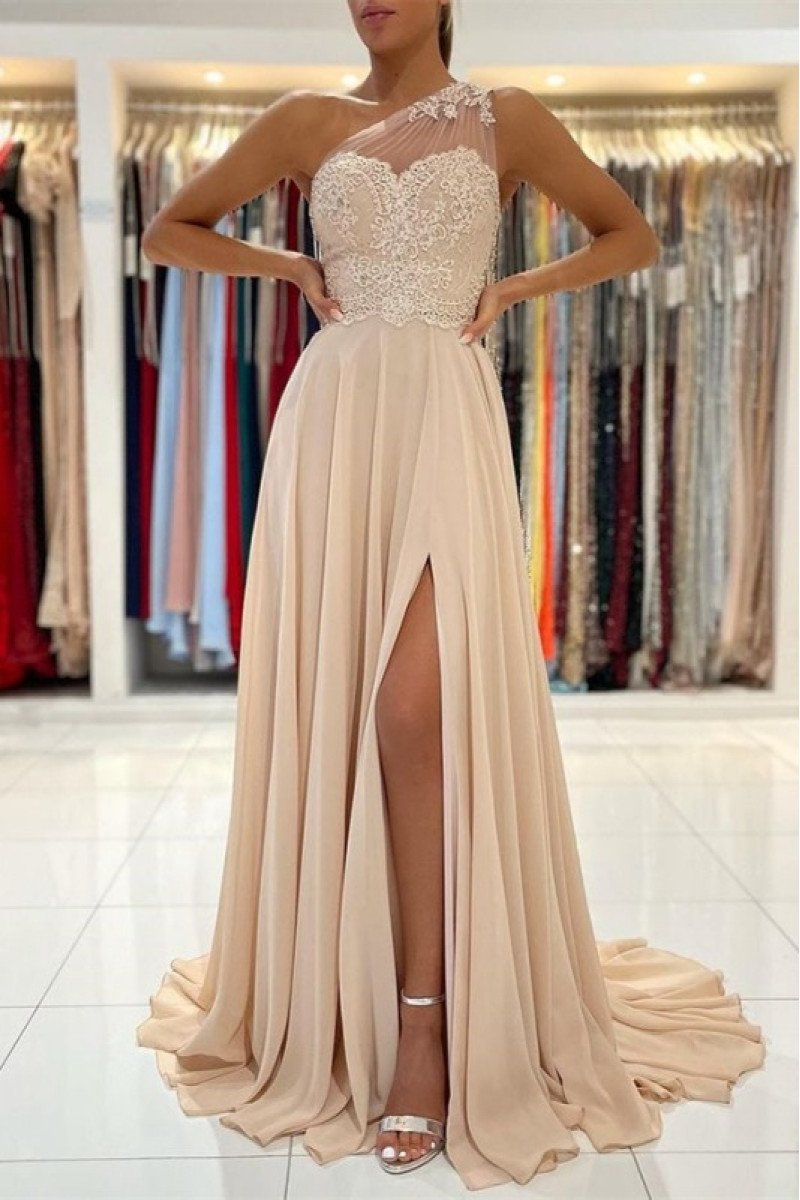 Modern Coral One Shoulder Side Slit A-line Evening Dresses With Appliques