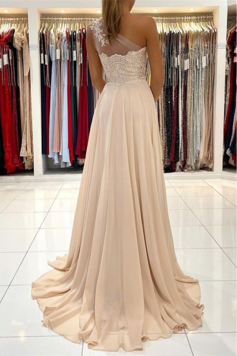 Modern Coral One Shoulder Side Slit A-line Evening Dresses With Appliques