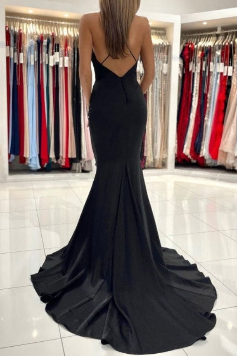 Sexy Black Spaghetti Straps Sheath Evening Dresses With Court Train