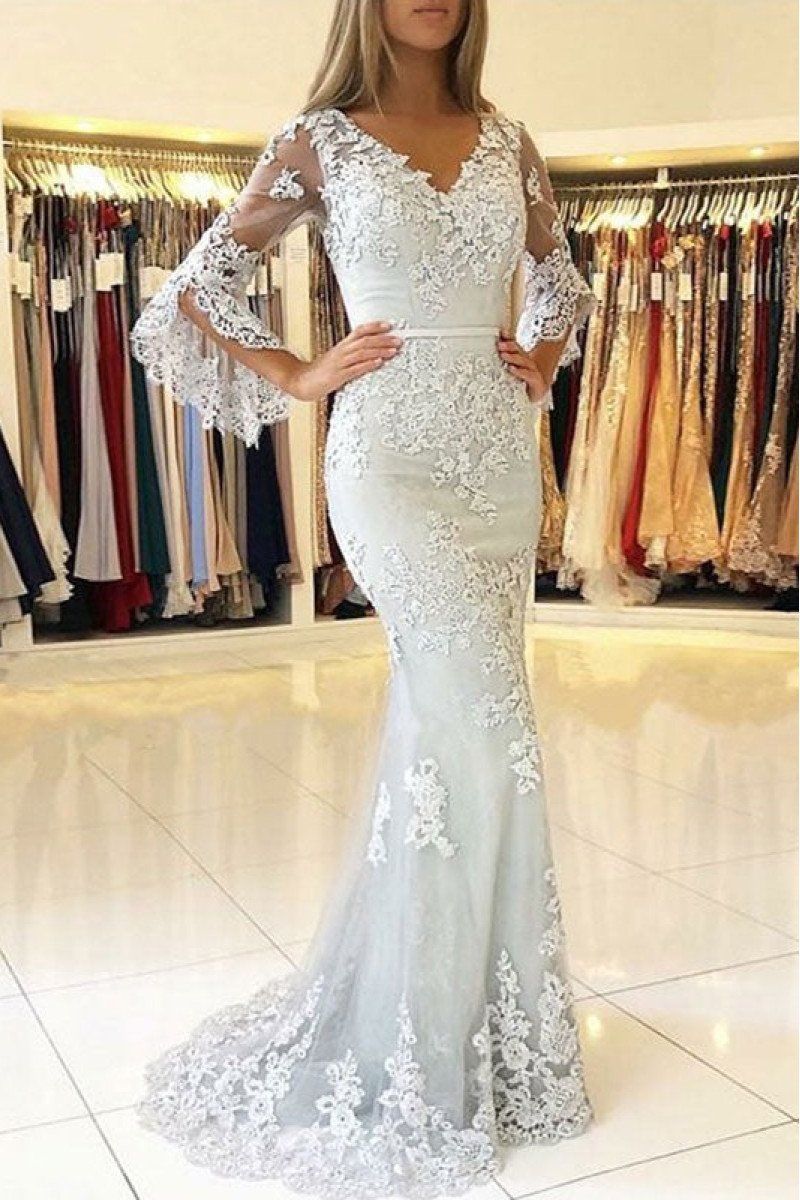 Generous Light Gray V-neck Long Sleeves Appliques Sheath Evening Dresses