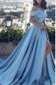 Elegant Blue Off Shoulder Front Slit A-line Evening Dresses