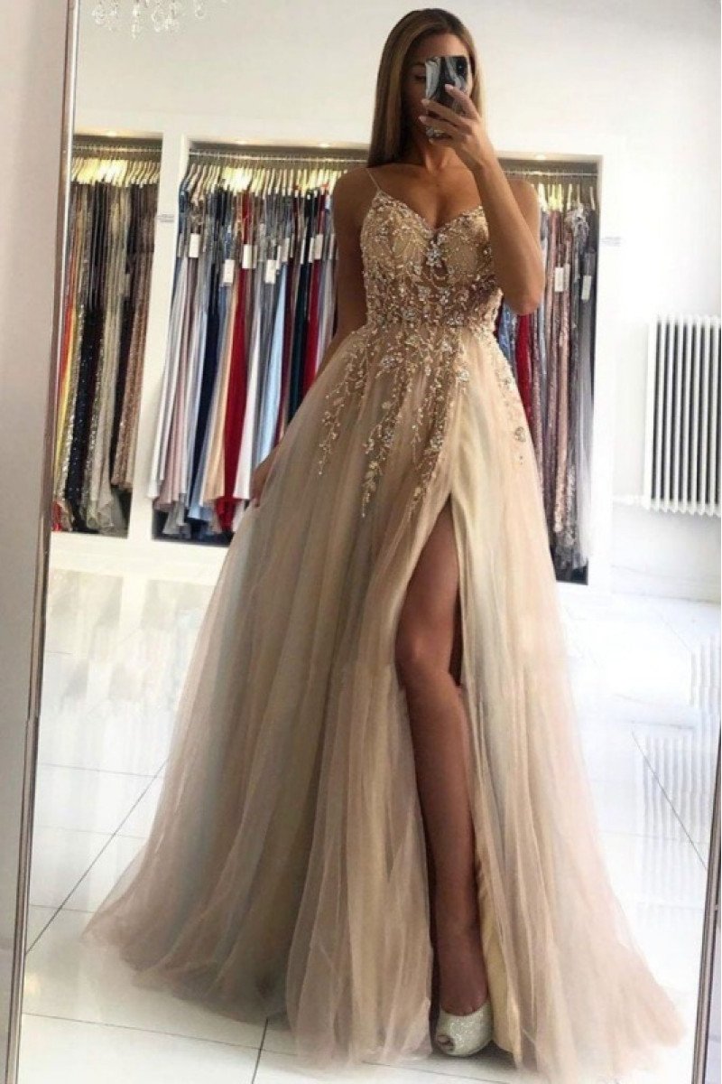 Chic Champagne Spaghetti Strap Side Slit A-line Evening Dresses With Appliques