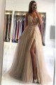 Chic Champagne Spaghetti Strap Side Slit A-line Evening Dresses With Appliques